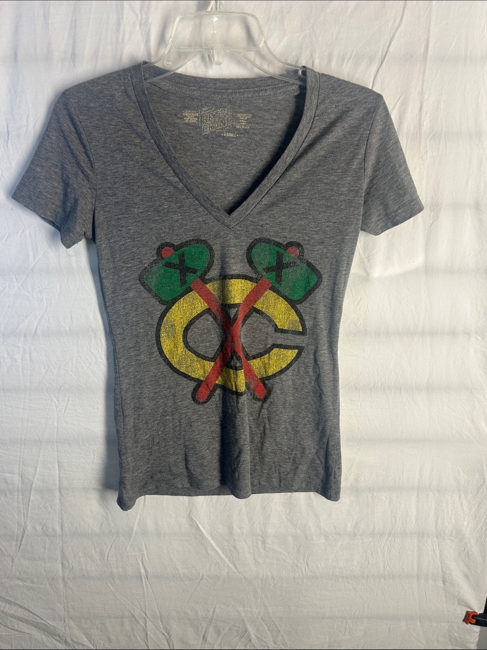 Original Retro Brand Gray V-Neck Tee with Yellow, Green & Red Graphic